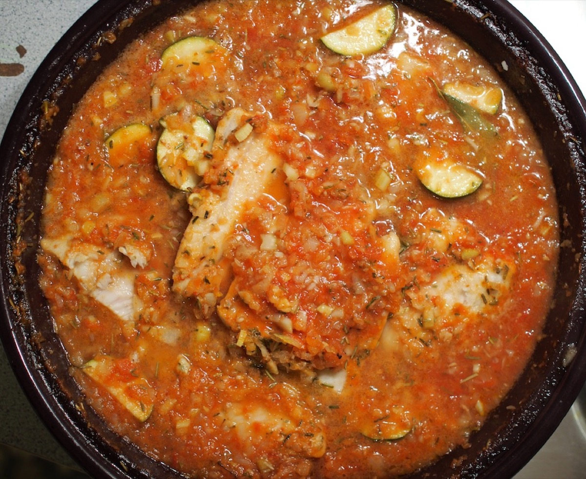 Fish stifado in tajine