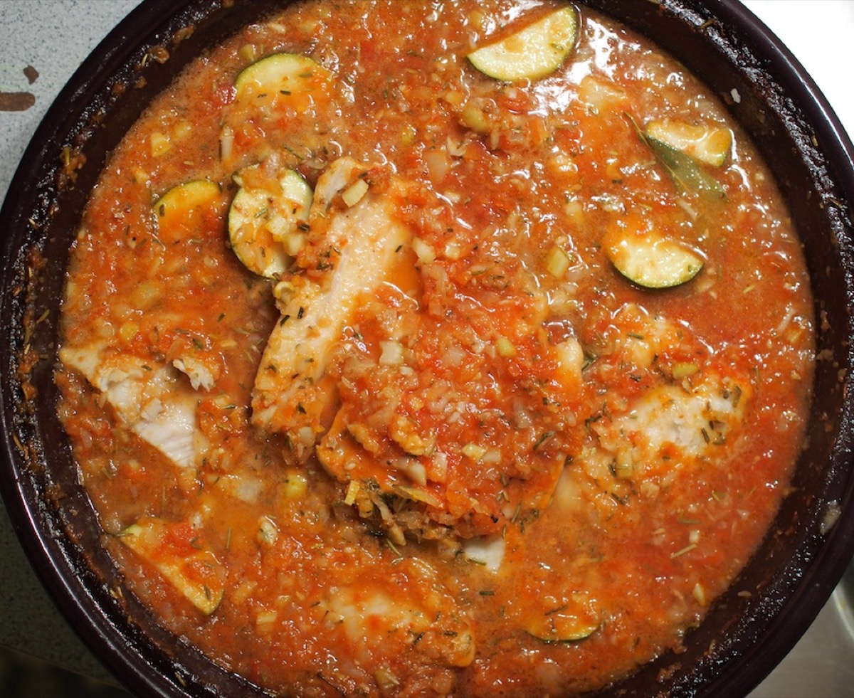 Fish stifado in tajine